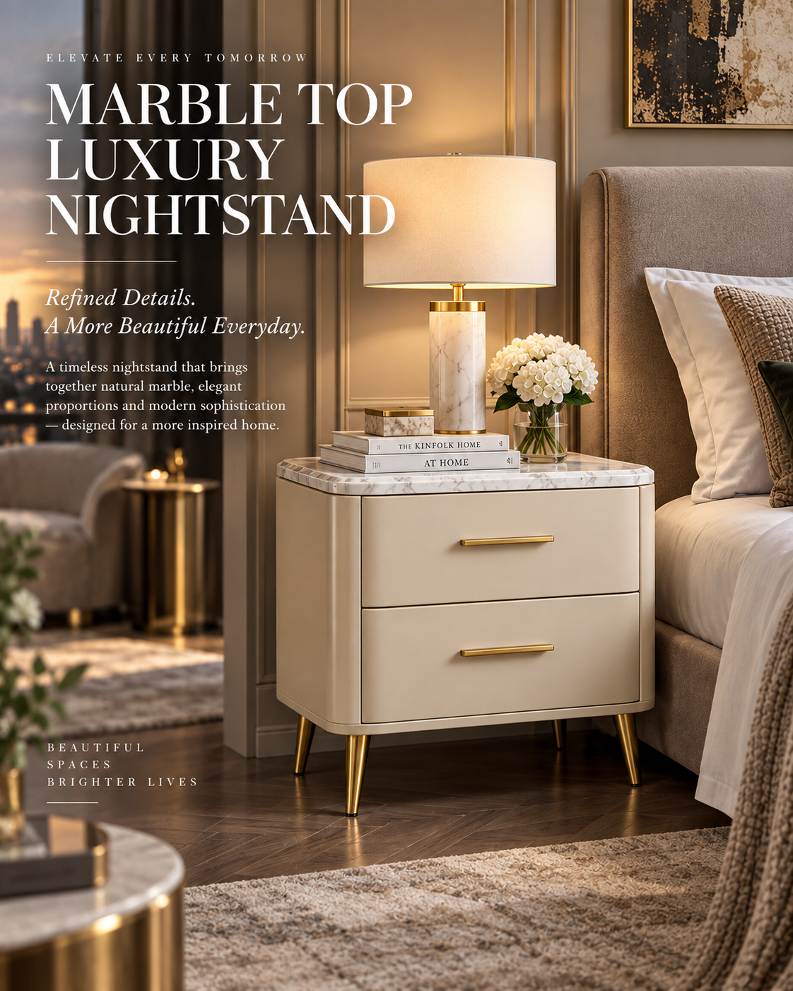 Marble Top Luxury Nightstand with Gold Accents & Two-Drawer Storage