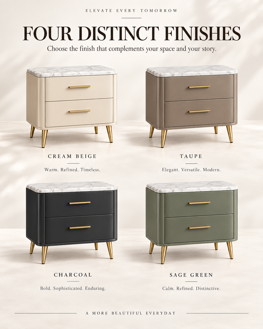 Marble Top Luxury Nightstand with Gold Accents & Two-Drawer Storage