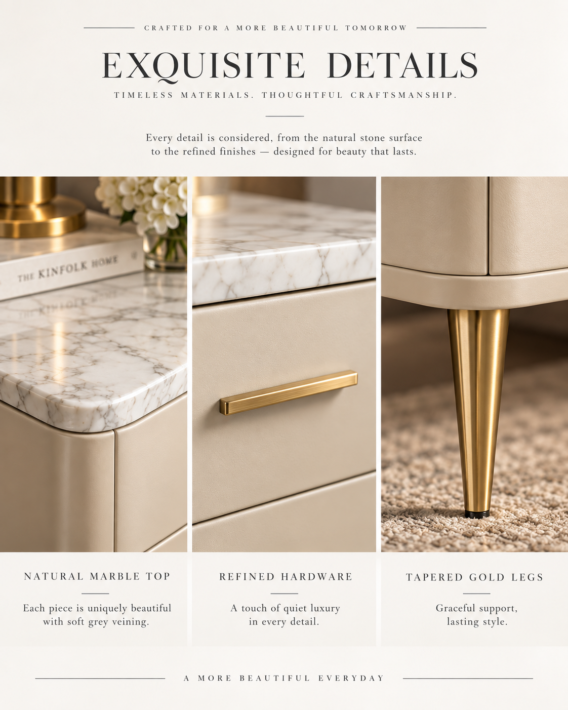 Marble Top Luxury Nightstand with Gold Accents & Two-Drawer Storage