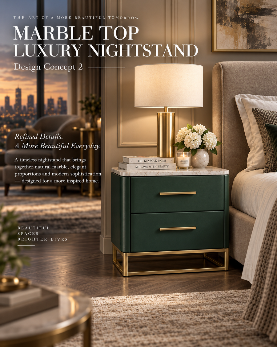 Emerald Green Marble Top Nightstand with Gold Frame & Two-Drawer Storage