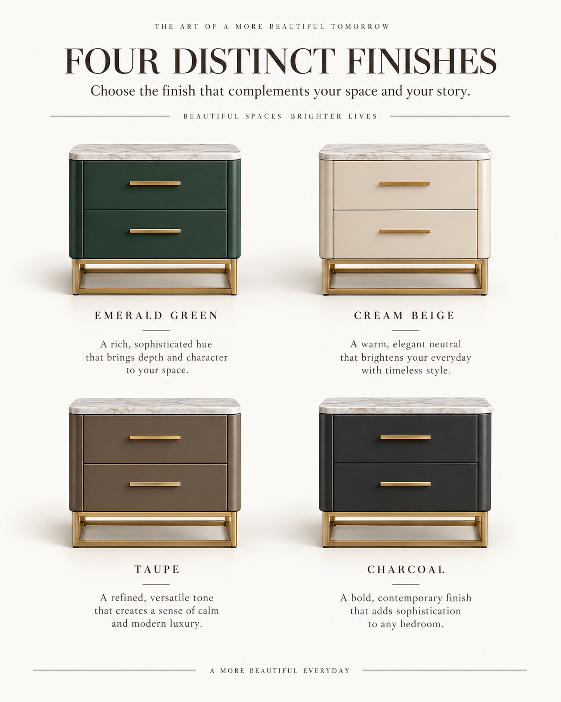 Emerald Green Marble Top Nightstand with Gold Frame & Two-Drawer Storage