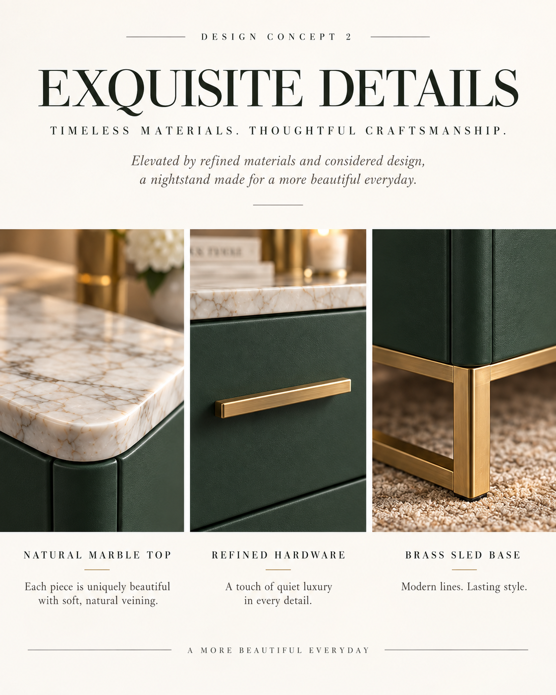 Emerald Green Marble Top Nightstand with Gold Frame & Two-Drawer Storage
