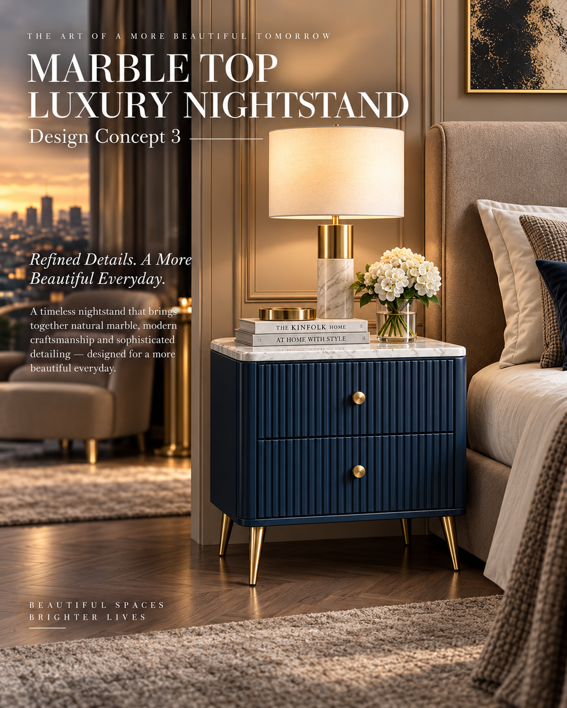 Navy Blue Marble Top Nightstand with Fluted Drawers & Gold Accents