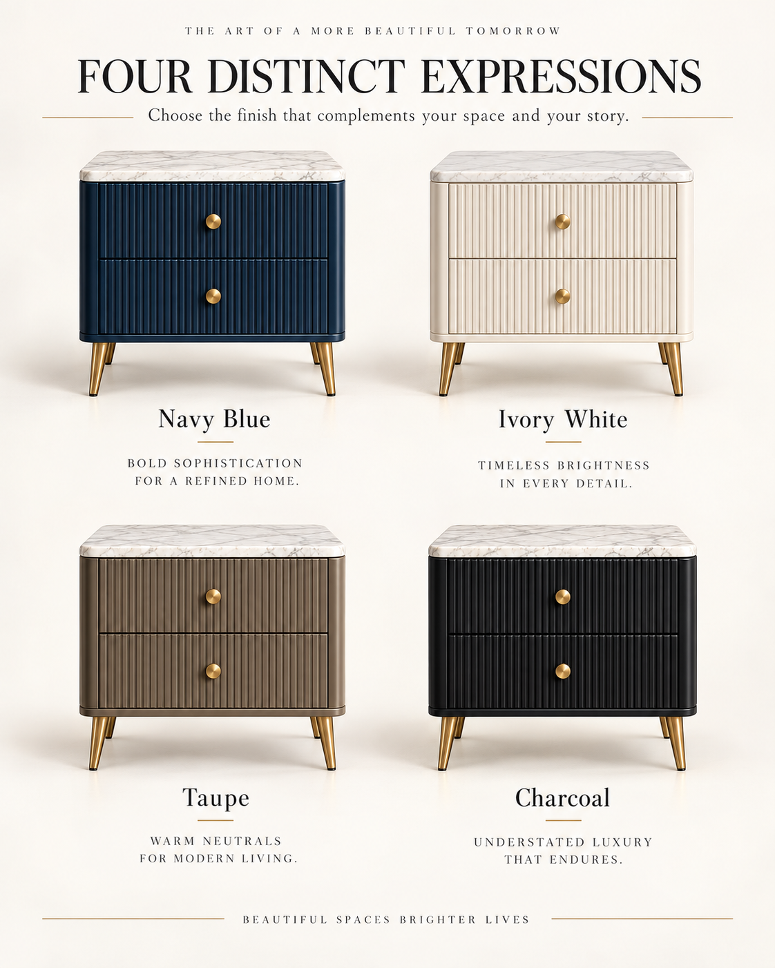Navy Blue Marble Top Nightstand with Fluted Drawers & Gold Accents