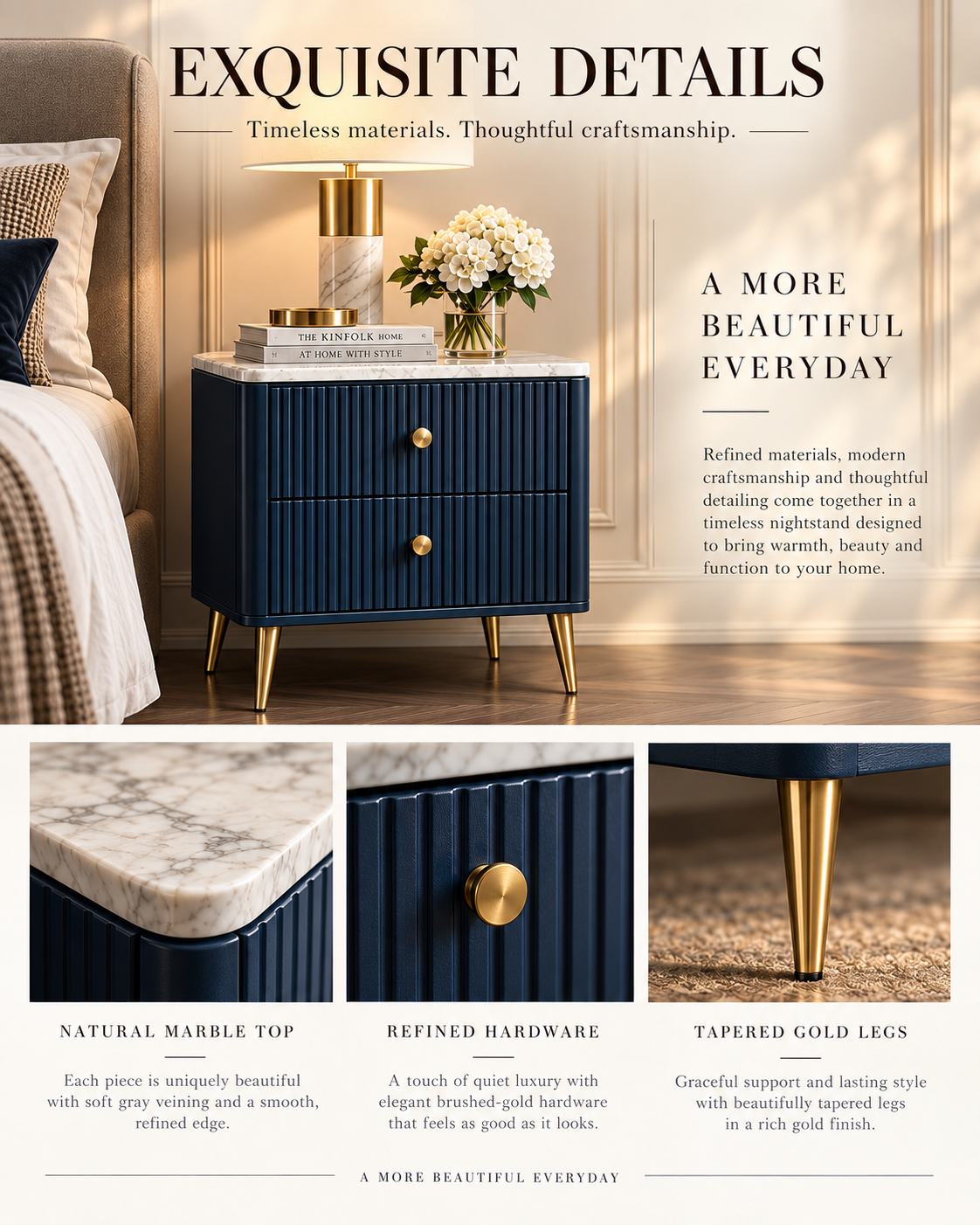 Navy Blue Marble Top Nightstand with Fluted Drawers & Gold Accents