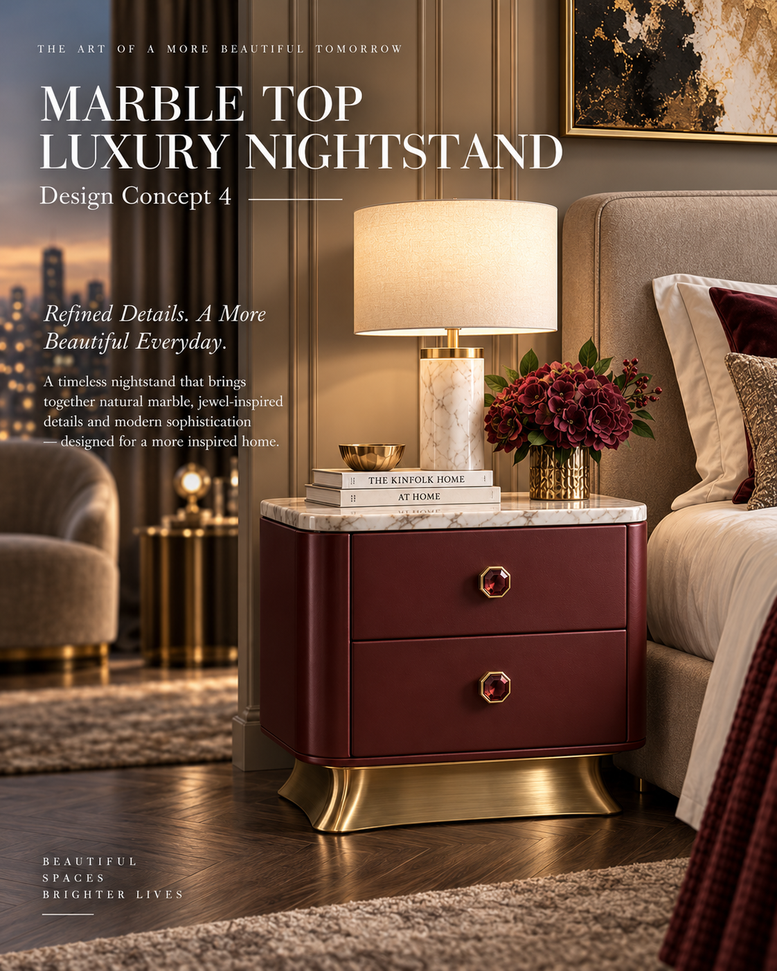 Burgundy Marble Top Nightstand with Jewel Knobs & Sculptural Brass Base