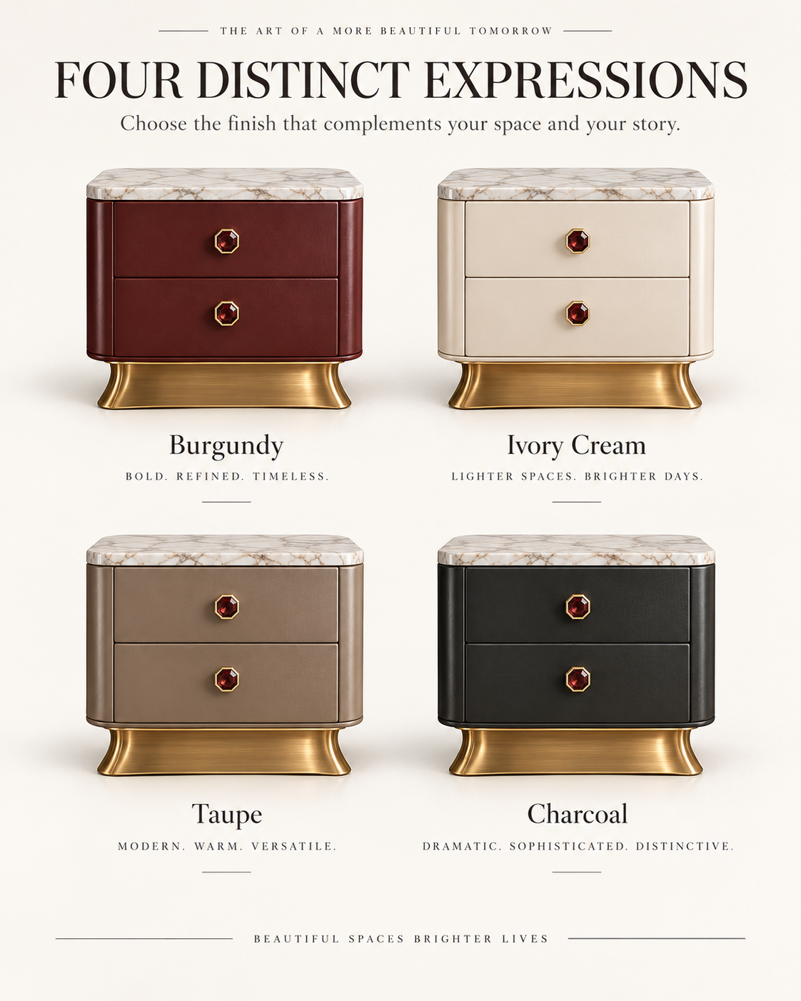 Burgundy Marble Top Nightstand with Jewel Knobs & Sculptural Brass Base