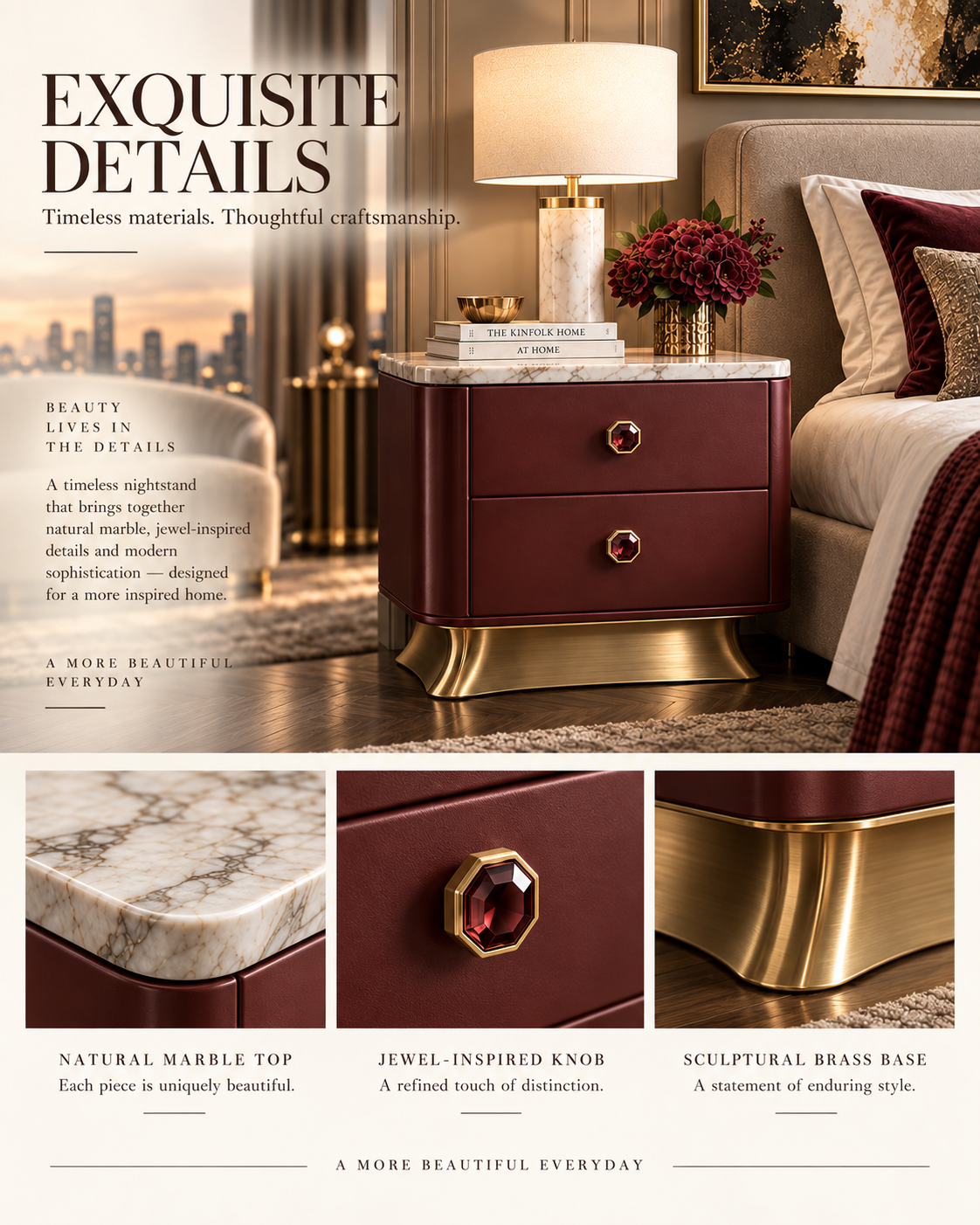 Burgundy Marble Top Nightstand with Jewel Knobs & Sculptural Brass Base
