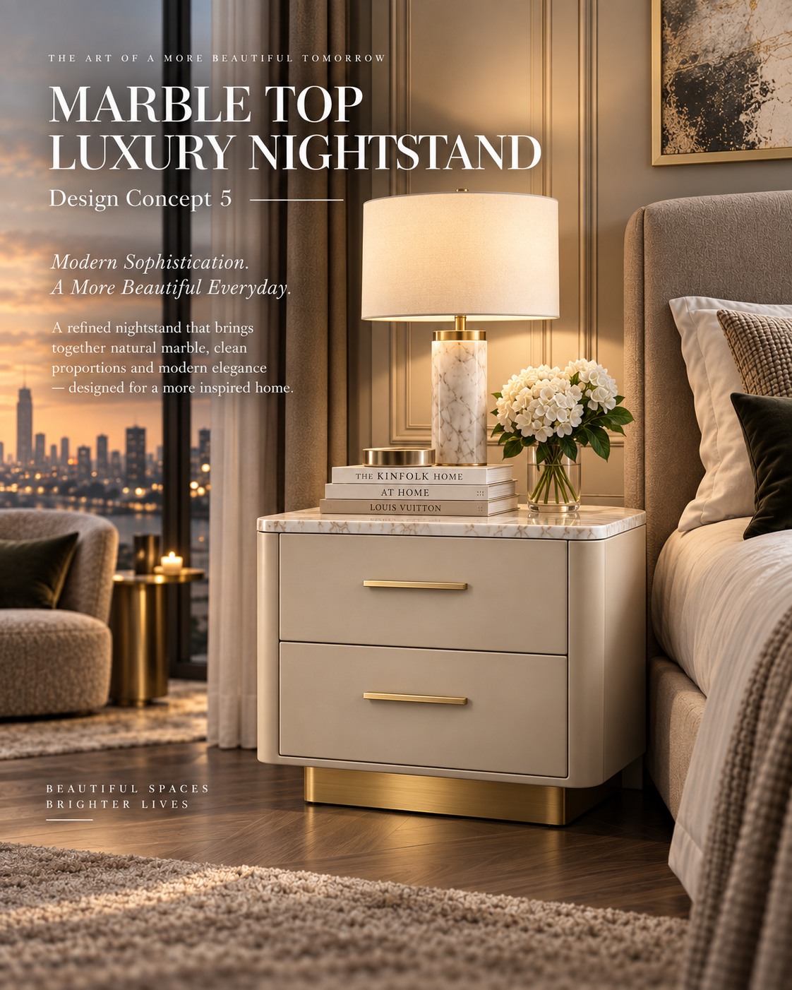 Marble Top Nightstand with Floating Brass Base & Two-Drawer Storage