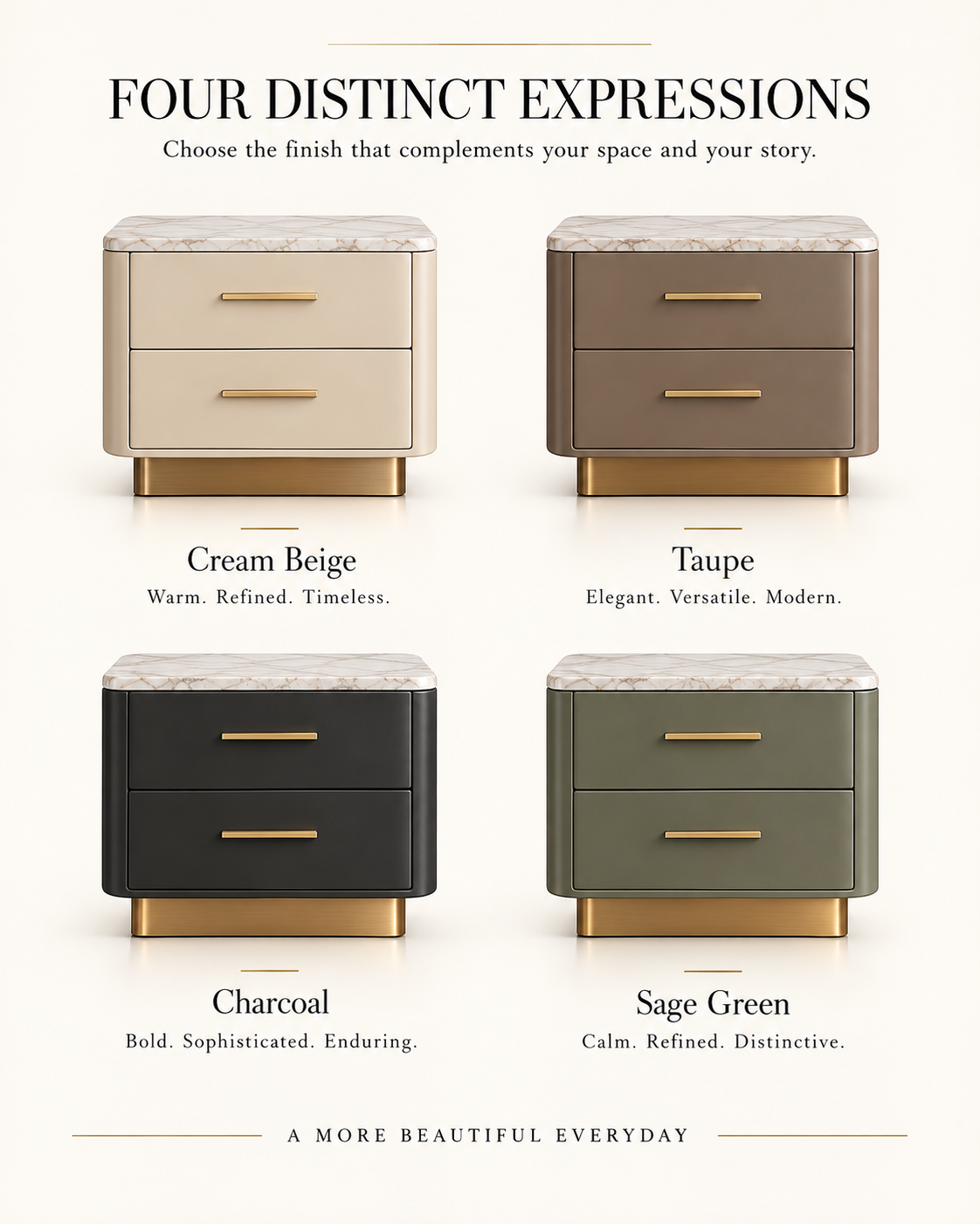 Marble Top Nightstand with Floating Brass Base & Two-Drawer Storage