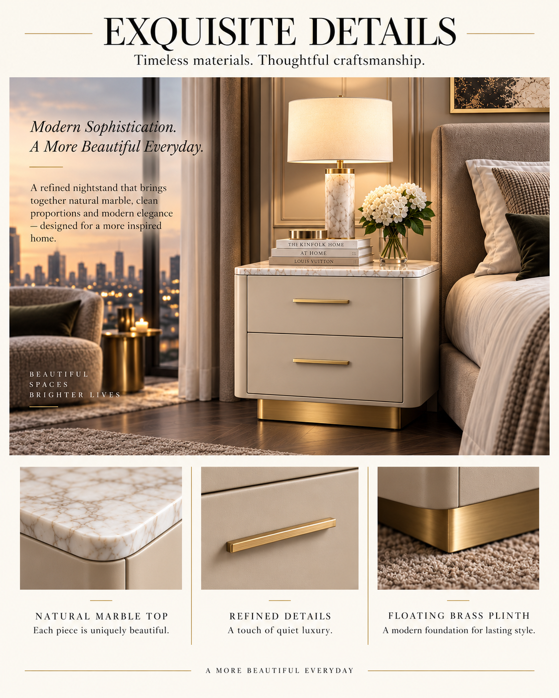 Marble Top Nightstand with Floating Brass Base & Two-Drawer Storage
