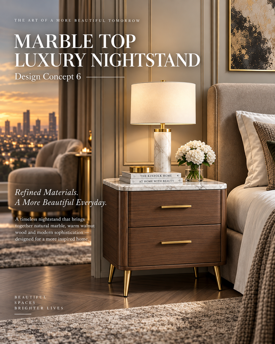 Walnut Marble Top Nightstand with Gold Hardware & Two-Drawer Storage