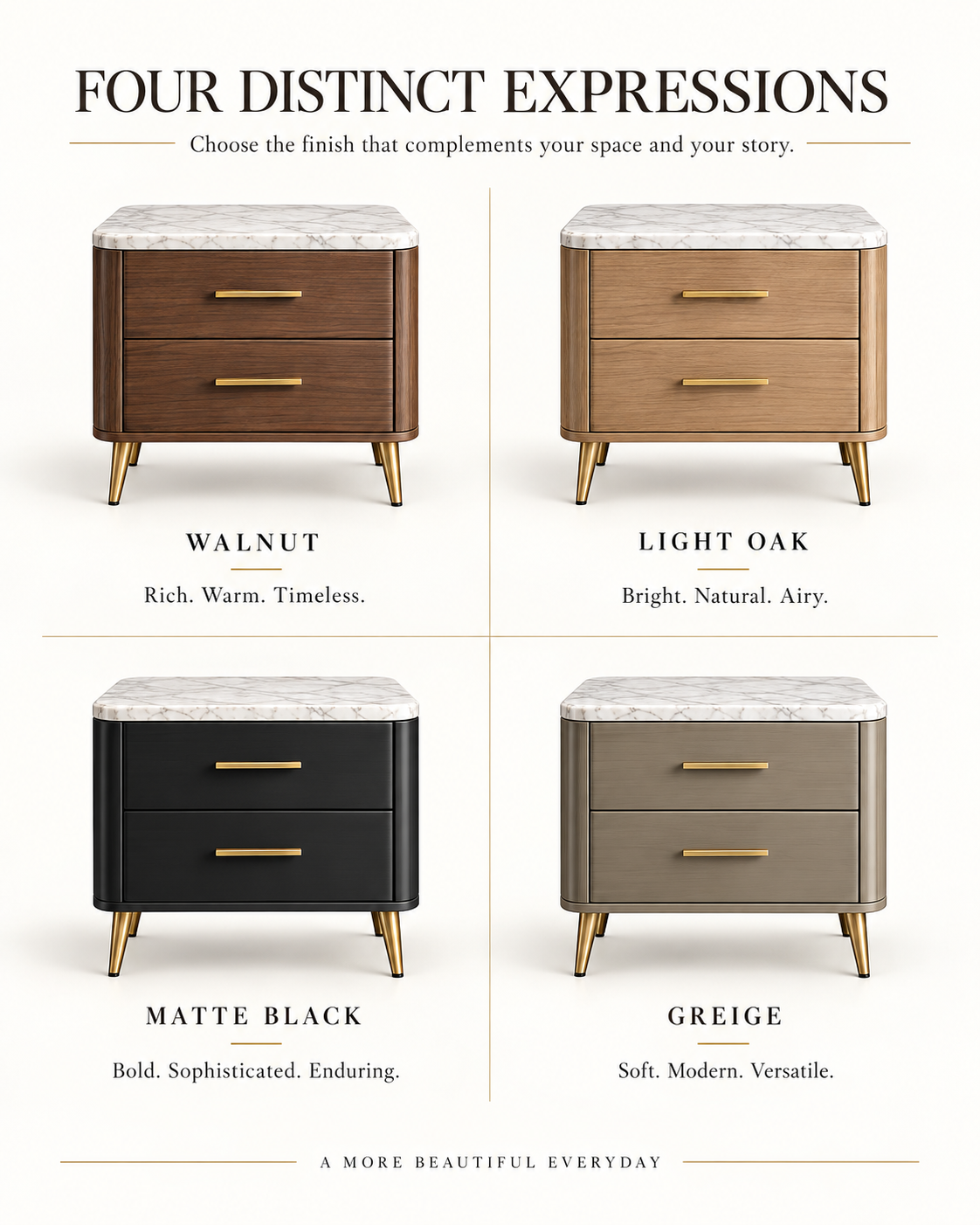 Walnut Marble Top Nightstand with Gold Hardware & Two-Drawer Storage