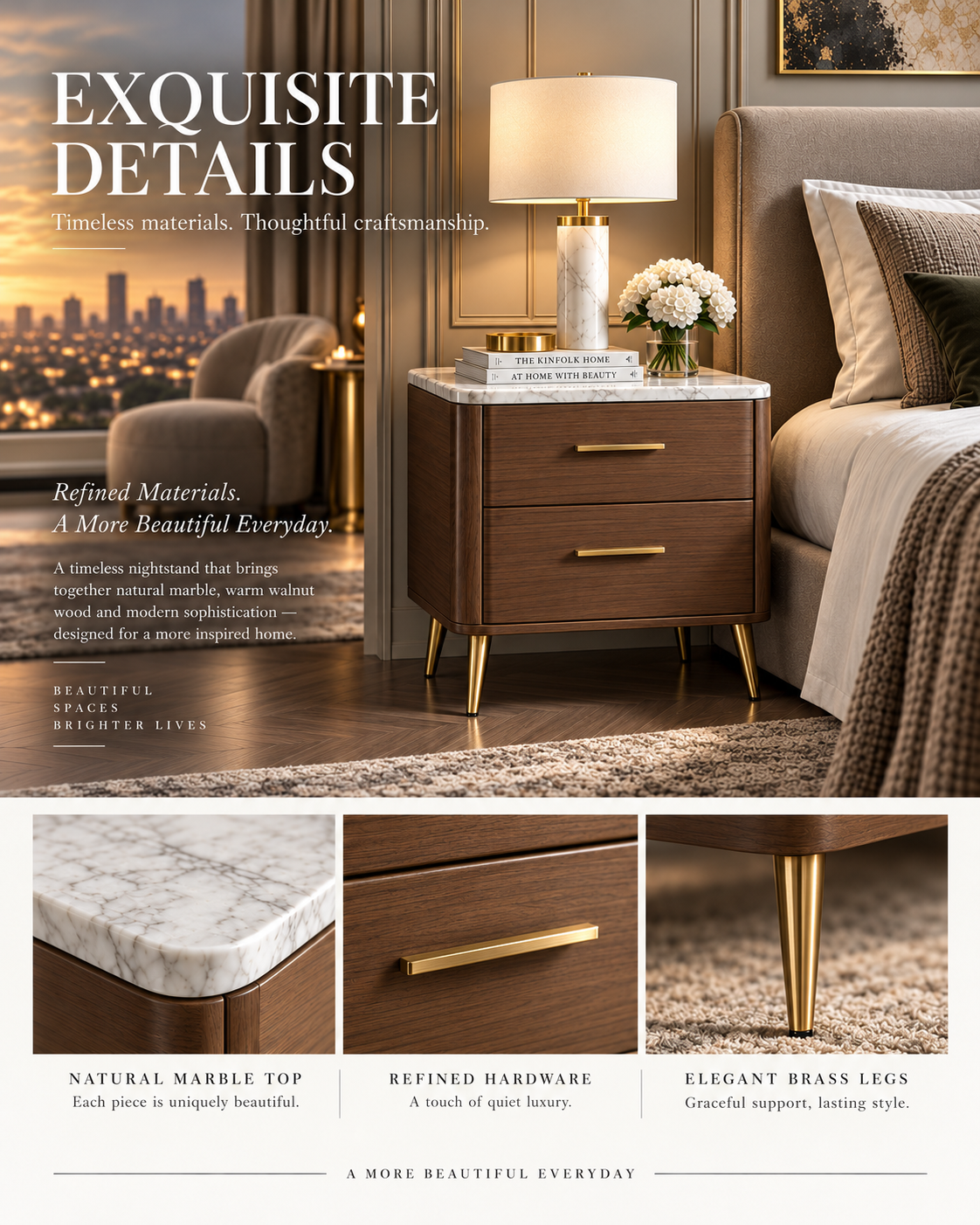 Walnut Marble Top Nightstand with Gold Hardware & Two-Drawer Storage