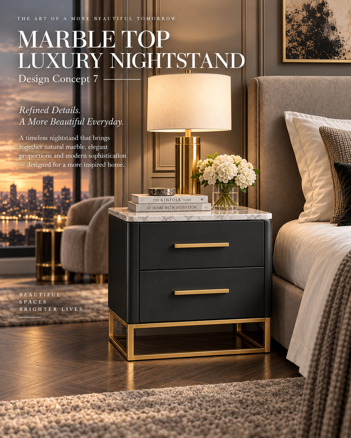Charcoal Black Marble Top Nightstand with Gold Frame Base & Two-Drawer Storage