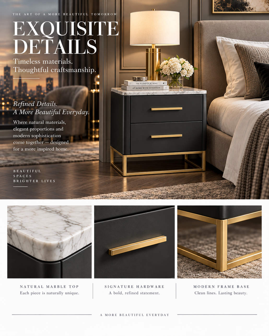 Charcoal Black Marble Top Nightstand with Gold Frame Base & Two-Drawer Storage