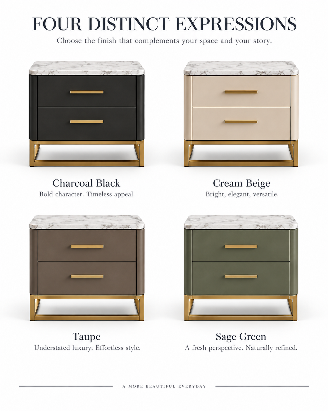 Charcoal Black Marble Top Nightstand with Gold Frame Base & Two-Drawer Storage