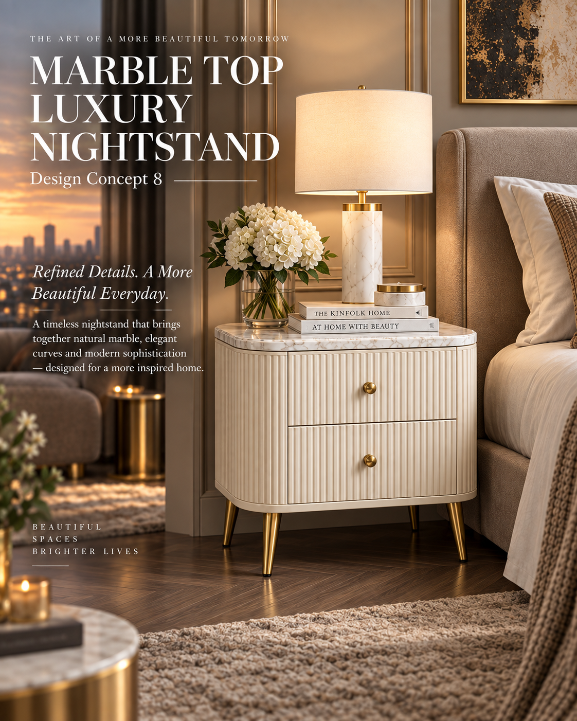 Ivory White Marble Top Nightstand with Fluted Drawers & Gold Accents