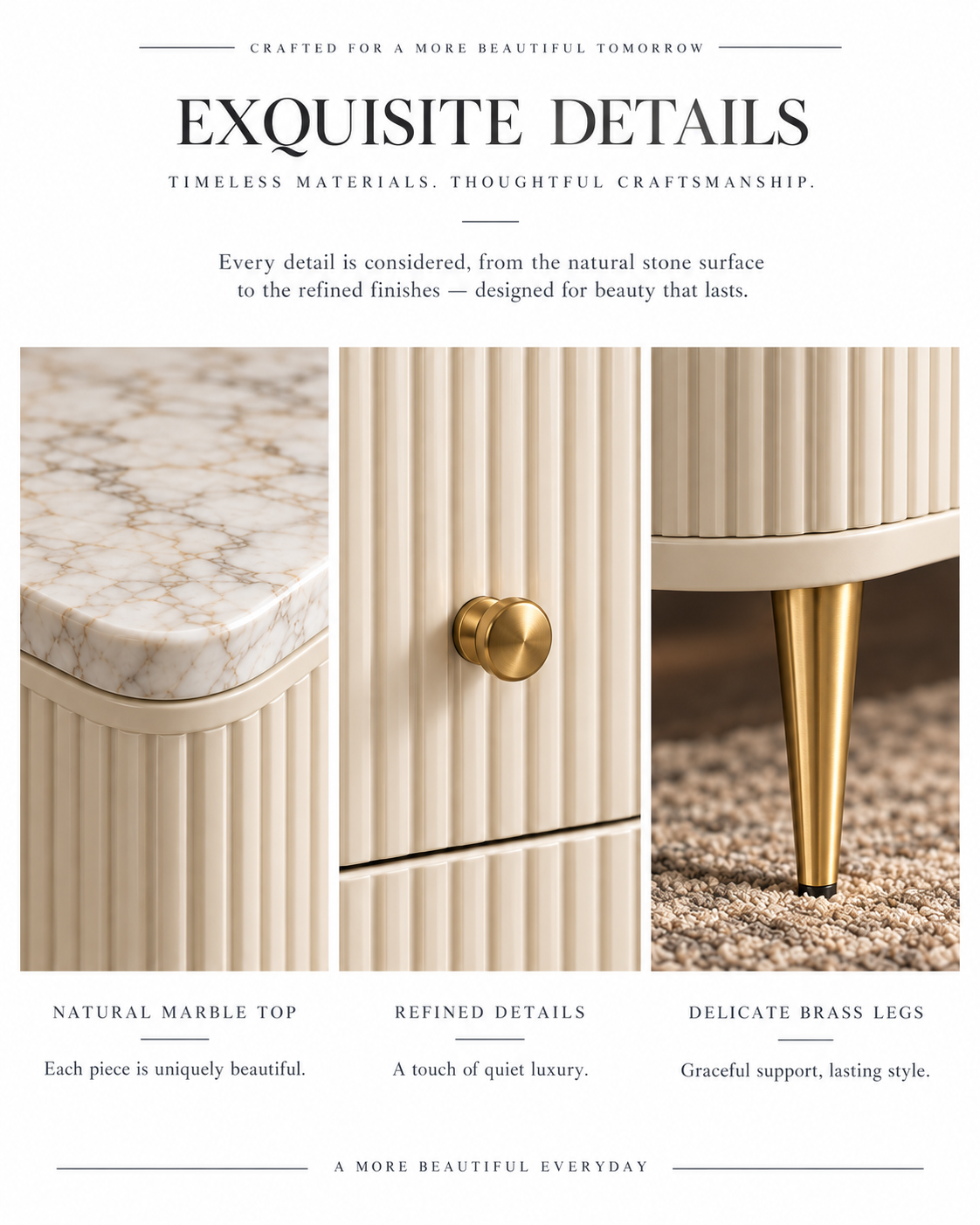 Ivory White Marble Top Nightstand with Fluted Drawers & Gold Accents