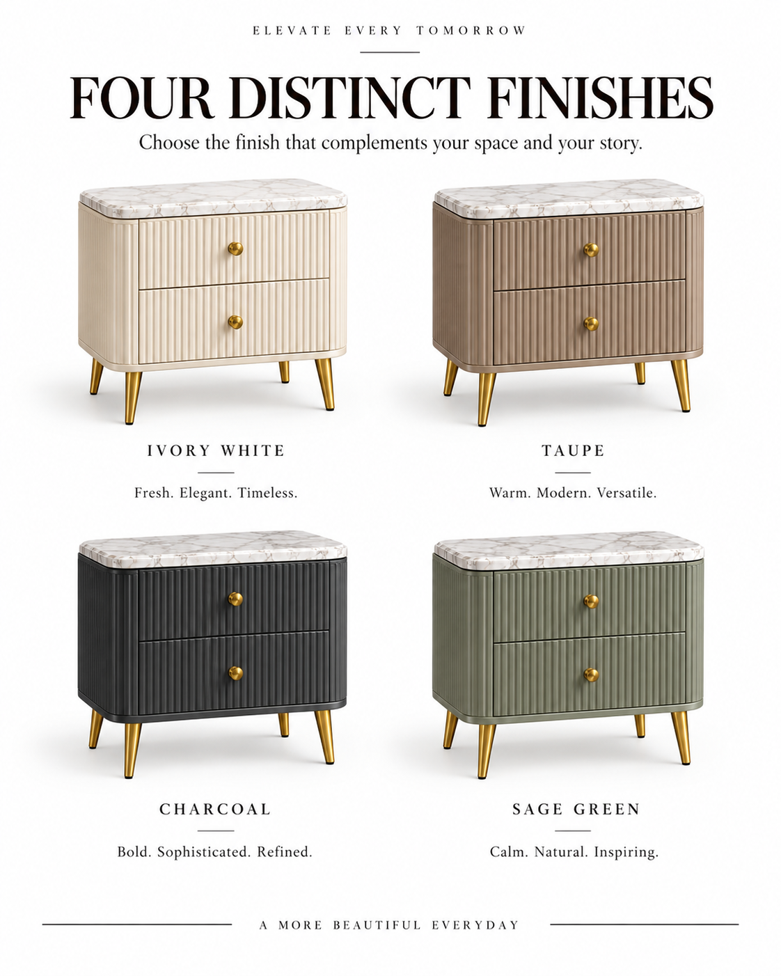 Ivory White Marble Top Nightstand with Fluted Drawers & Gold Accents