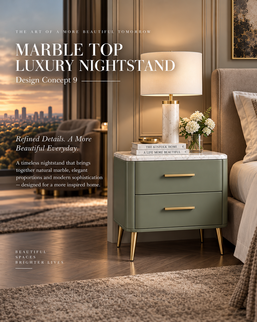 Sage Green Marble Top Nightstand with Gold Hardware & Two-Drawer Storage
