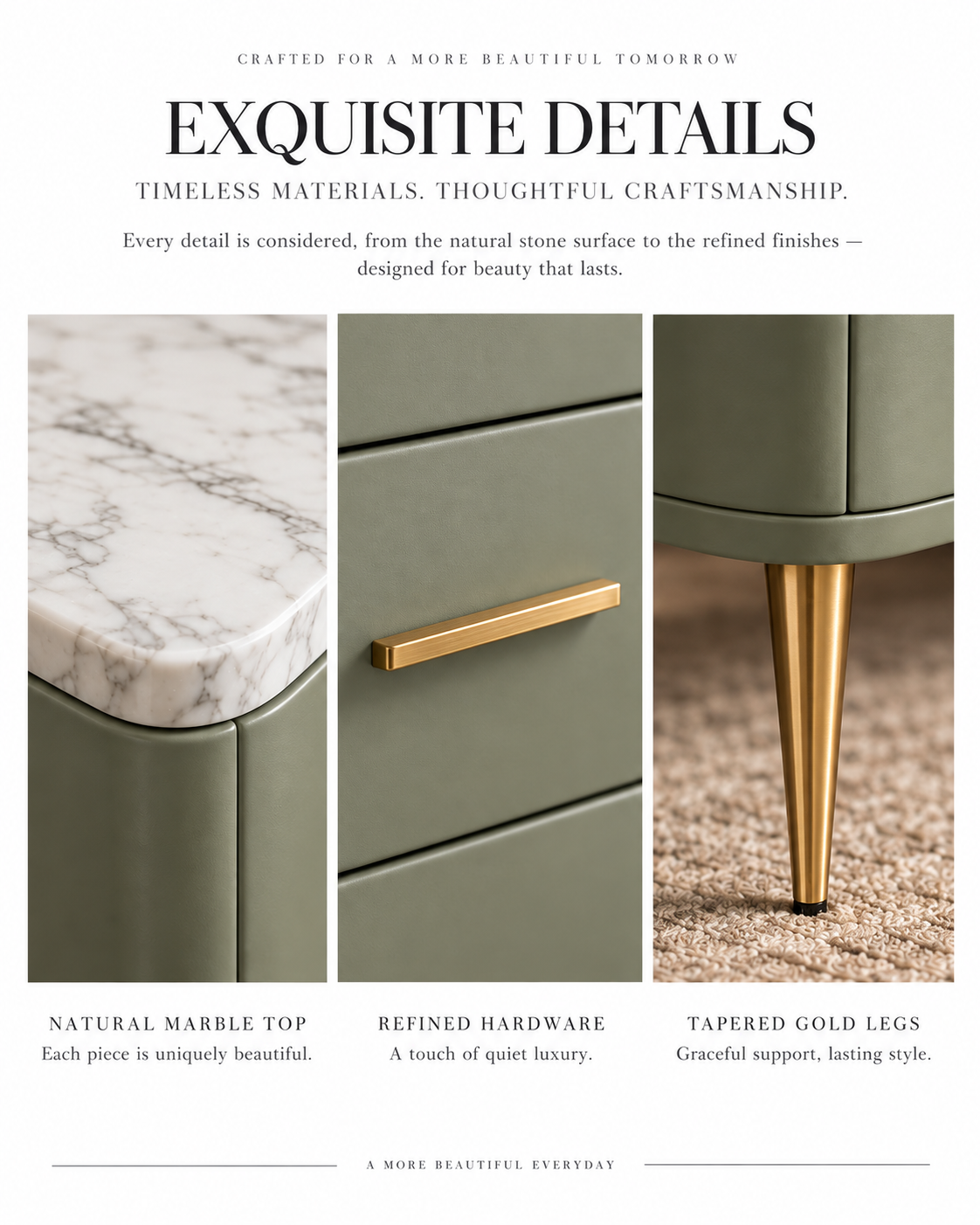 Sage Green Marble Top Nightstand with Gold Hardware & Two-Drawer Storage