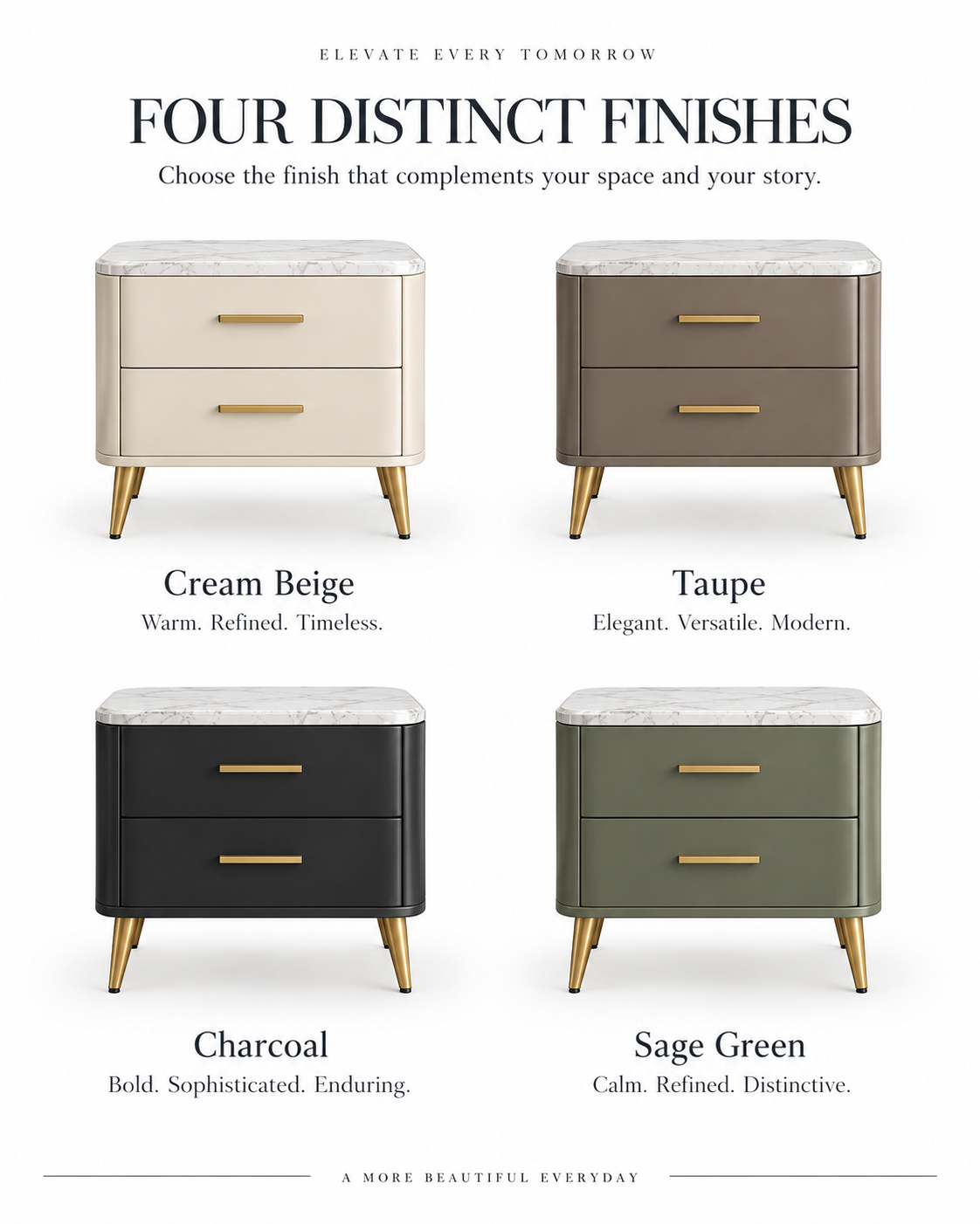 Sage Green Marble Top Nightstand with Gold Hardware & Two-Drawer Storage