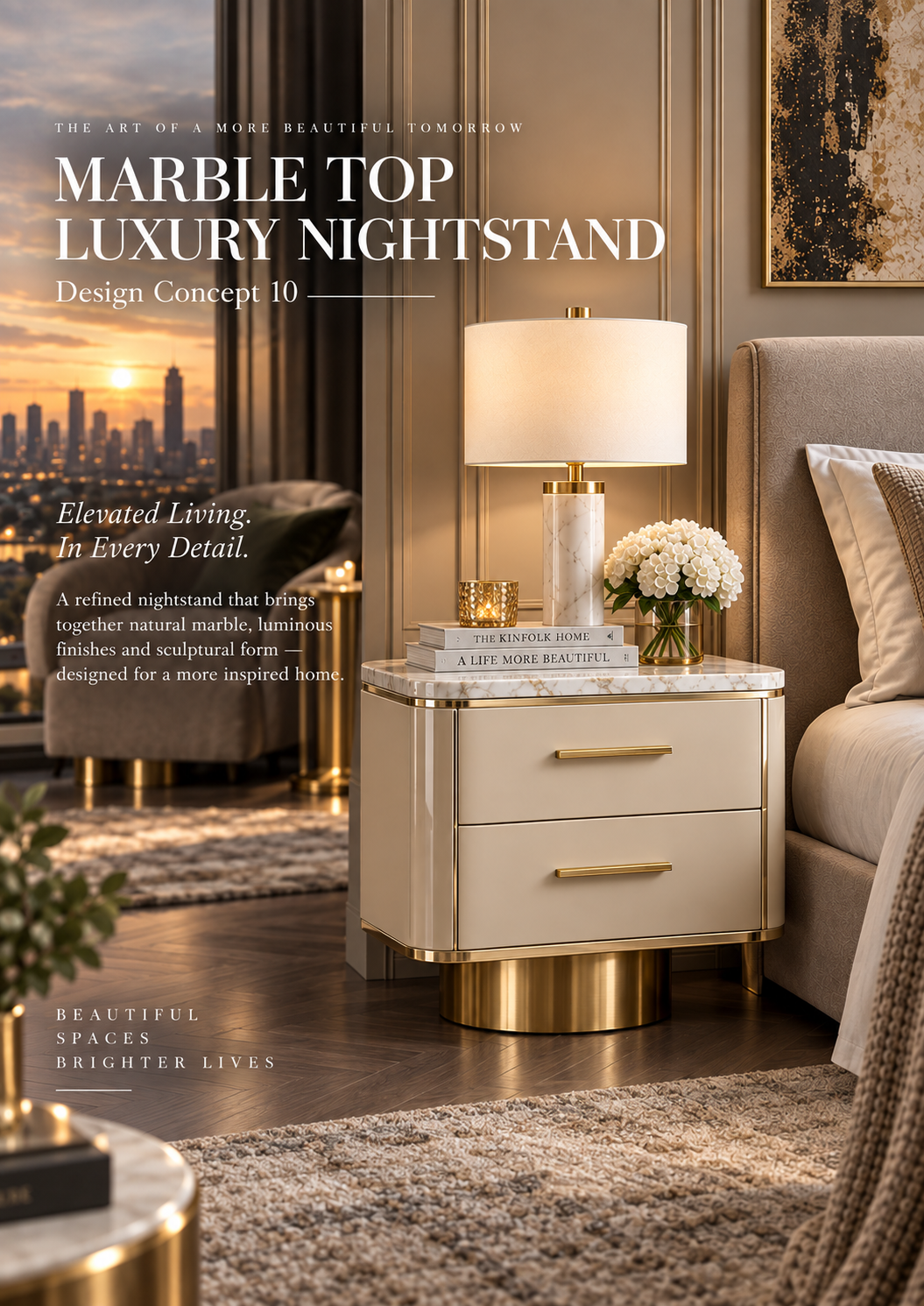 Champagne Beige Marble Top Nightstand with Pedestal Base & Gold Accents
