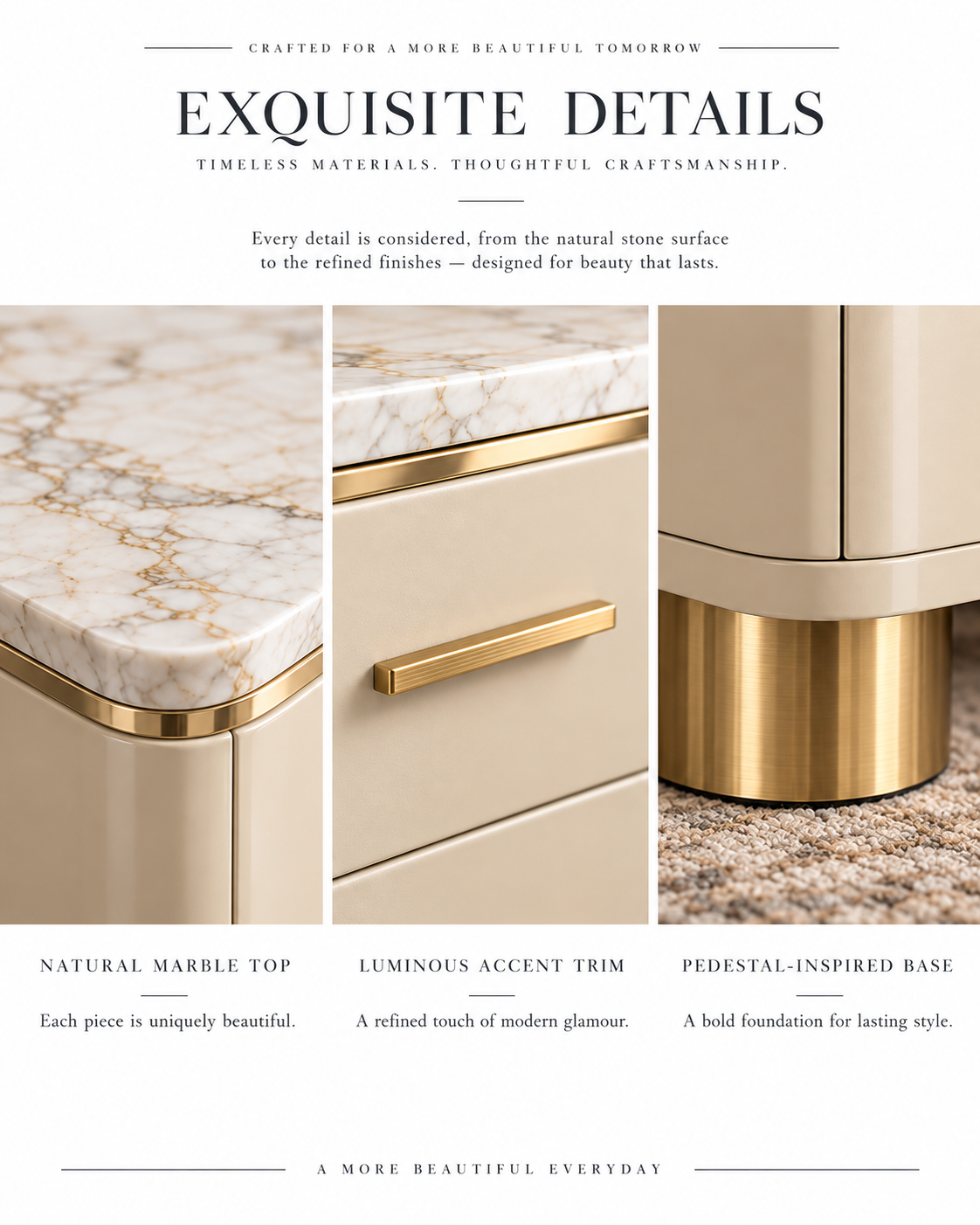 Champagne Beige Marble Top Nightstand with Pedestal Base & Gold Accents