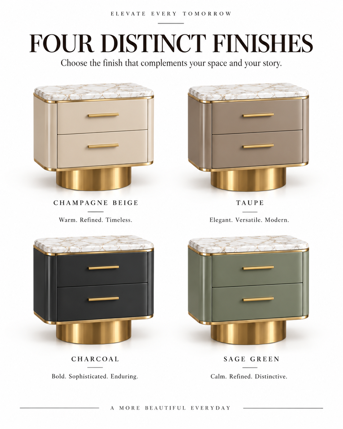 Champagne Beige Marble Top Nightstand with Pedestal Base & Gold Accents